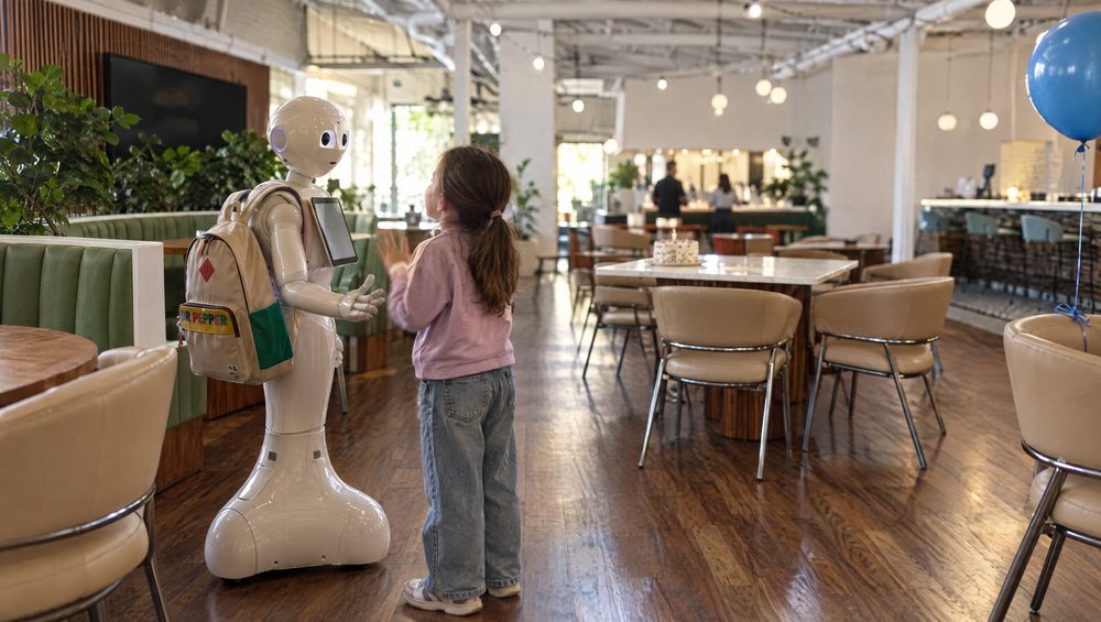 Pepper the humanoid robot talking to a girl in the Wonder Studios room, a birthday cake on the marble table behind them