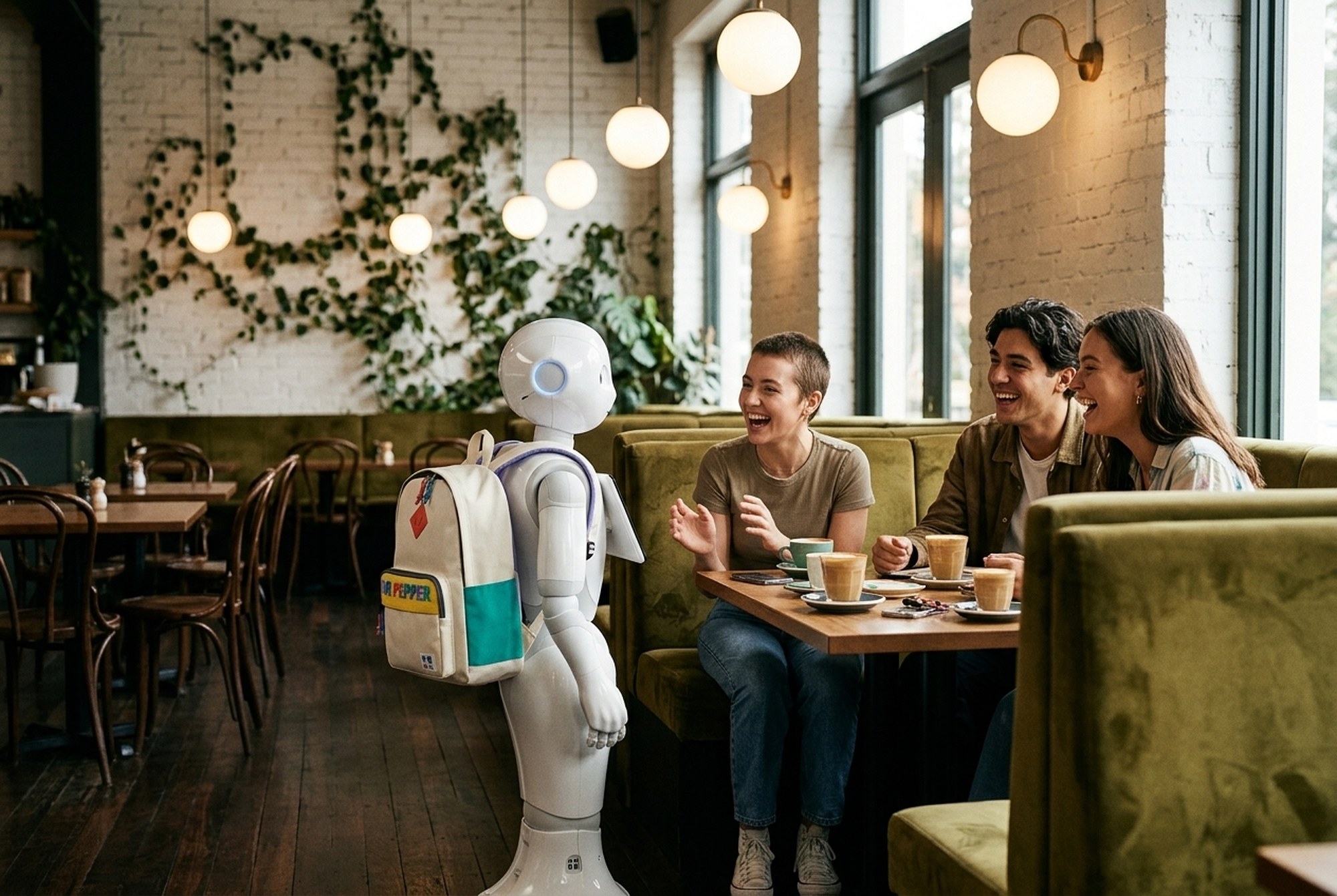 Pepper serving a table of guests in the booths